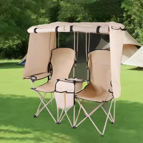 Outdoor Camping Folding Chair with Sunshade Fishing Beach Director Chair Double Seat