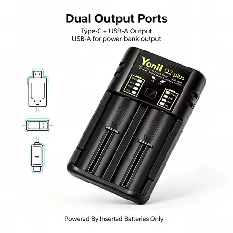 Yonii Q2 Plus Smart Battery Charger 2‑Slots Type‑C USB Output for 3.7V 18650 21700 32650 1.2V Ni‑MH 