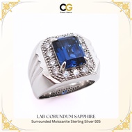 CG Premium Lab Corundum Sapphire Sterling Silver 925 Men's Ring Emerald Cut Surrounded Moissanite