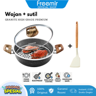 freemir Panci Hitam/Beige Diameter 24cm Kedalaman 7.5 cm dengan Tutup Kaca dan 2 Gagang Kayu Panci A