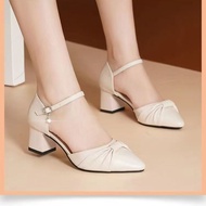 Thick Heel Pointed Toe Buckle Small Leather Shoes Classy Shallow Mouth Loafers 2025 Commuter Shoes R