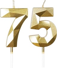 mciskin Gold 75th Birthday Candles Decoration for Men and Women, 3D Number 75 Cake Candle, Gold Cand