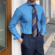 ✈️Hot Sale Denim ✈️Mr. Lusan Denim Washed Cotton Fabric Shirt Windsor Collar Slim Fit Casual Business Men's Blue Shirt😍✈