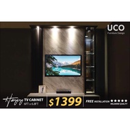 UCO 6FT FULL HEIGHT HANGING TV CONSOLE WITH DISPLAY CABINET AND WOODSTRIP