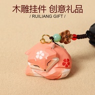 Cute Wood Carving Fox Car Keychain Pendant New Style Bag Pendant Chain Ornaments Creative Person Gif