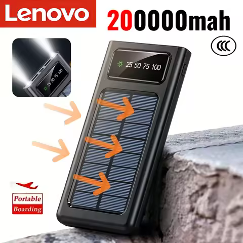 Lenovo 200000mAh Solar Power Bank 3C Certification 4 line Big Capacity LEDLight Portable Charger Fas