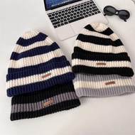Fashion Striped Knitted Hat For Women Ear Protection Skullies Cap Thick Woolen Crochet Bonnet Q9c2
