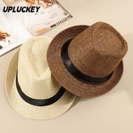 UPLUCKEY Straw Panama Cap Unisex Gangster Cap Beach Cowboy Fedora Hat