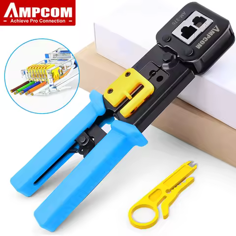AMPCOM RJ45 Crimp Tool Pass Through Cat5 Cat5e Cat6 Crimper Cutter Stripper for RJ45 RJ12 RJ11 8P 6P