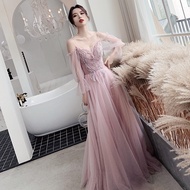 Long Formal Gown For Women Elegant Classy Off Shoulder For Civil Wedding Ninang Pink Annual Birthday Party Dress New Model Korean Style Murah Simple