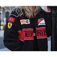 #🚚 F1 เสื้อแจ็กเก็ตแขนยาว ผ้าฝ้าย ปักลาย Ferrari Team สีดํา แฟชั่นฤดูใบไม้ร่วง และฤดูหนาว สไตล์เรโทร สําหรับแข่งรถจักรยานยนต์