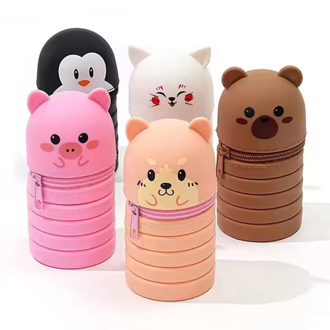 Cartoon Animal Foldable Silicone Pencil Case Animal Shape Desk Organizer Stationery Storage Bag Fold