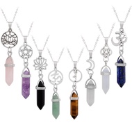 Natural Stone Alloy Hexagonal Column Pendant Lotus Moon Star of David Vintage Gothic Jewelry Collect