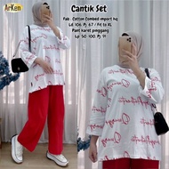 PUTIH MERAH Red and white casual women's blouse & pants set