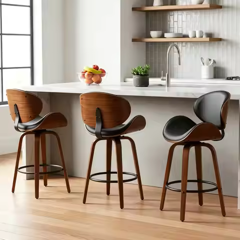 Bar Stools Set of 3, 26 Inch Leather Upholstered Counter Height Bar Stools with Curved Seat and Back