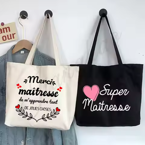 Merci Super Maitresse French Printed Tote Bag Female Shouldre Bag Teacher Shopping Bag Teacher's Day