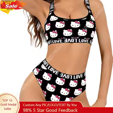Hello Kitty Lady Separate Print Cartoon Bikini Set Elastic Sport Style Women's Swimsuit