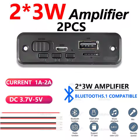 2PCS 2x3W Bluetooth 5.0 Mini Amplifier Board with Black Case for FiiO Player, Portable Speaker, DC 3