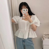 Ins Korean Style Square Neck Short-Sleeved Shirt New Design Puff Sleeve Shirt Top#han5.8