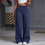 Clashe Baffel Jeans Baggy Straight Cut No Pocket Casual Elastic Waist Palazzo Jeans For Women Denim