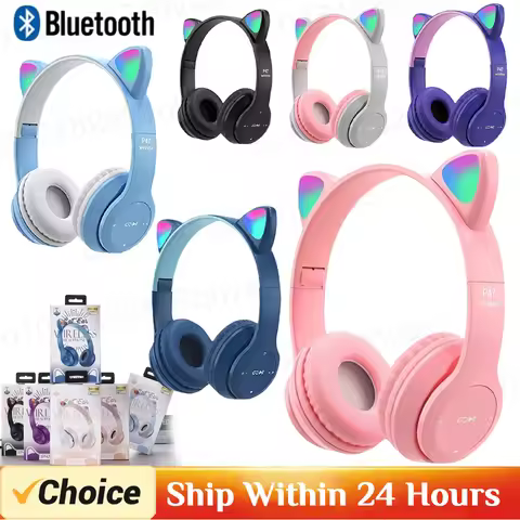 P47M Wireless Headphone Flash Light Cute Cat Bluetooth with Mic Control LED Stereo Music Helmet Phon
