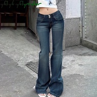 TOPWomen's Four Seasons Retro Temperament Wide Waist Head Row Buckle Slim Low-Waisted Washed Skinny 