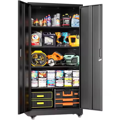 36" Metal Storage Cabinet with Wheels, Lockable Rolling Metal Garage Cabinets with 2 Doors and 4 Adj