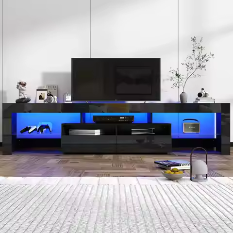 86IN LED TV Stand for 90/100 inch TV, High Glossy Modern Entertainment Center with Drawer and Led Li