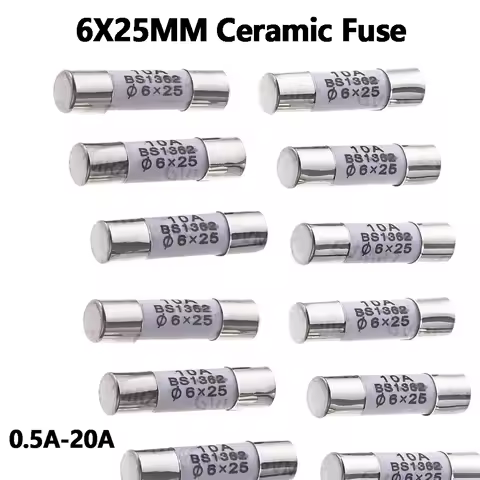 10PCS 20A 2A 3A 5A 6A 10A 6X25MM 30A 0.5A 1A  250V RO57 Fuse BS1362 6*25mm Ceramic Fuse 6*25 Ceramic