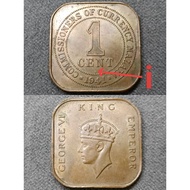 {Rare Coin1941 i} Straits Settlement George VI King Emperor. "1941 i" Rare Year Coin. Malaya 1 Cent 