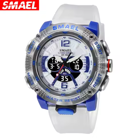 SMAEL Sport Watches Men Clock Digital LED Display Quartz Analog Stopwatch Fashion Translucent Strap 
