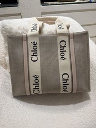 全新Chloe Woody Logo印花緞帶 亞麻帆布拼亮面小牛皮 托特包Tote包購物袋單肩斜挎手提包 中號 女款 粉色拼米色 CHC22-AS383I26-6J5