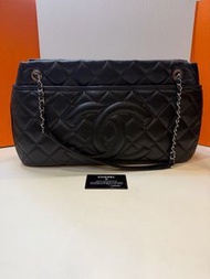Chanel 香奈兒 黑卡 17開黑銀荔枝紋牛皮gst托特包 單肩包 底42cm 99新