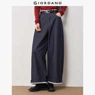 GIORDANO Women Jeans Lace Trim High Waist Jeans Wide Leg Fashionable Casual Loose Denim Pants 184159