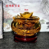 Feng Shui Coloured Glass Topaz Bowl Decoration (80mm) + 7pcs Yuan Bao 35mm (ingot) + Wood Base 琉璃聚宝盆
