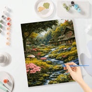 1pc Canvas Paint By Number Kit For Adults - Rustic Cottage Stream Scenery DIY Oil Painting Set 40x50