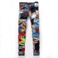 สีสัน Spliced กางเกงยีนส์ผู้ชาย Denim กางเกง Patch แฟชั่น Slim Fit Designer กางเกงยีนส์ Casual Show Denim Joggers Macacao Masculino กางเกงยีนส์