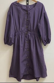 日本品牌nice claup 紫色七分袖腰圍鬆緊帶前排扣子襯衫洋裝連身裙