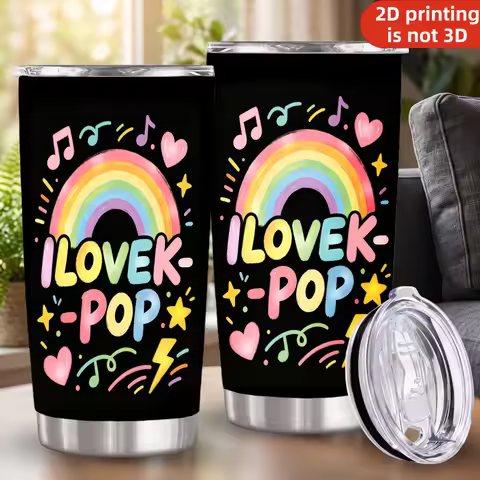 20oz I Love K-Pop Printed Stainless Steel Tumbler with Lid and Straw, Colorful Rainbow Music Notes H