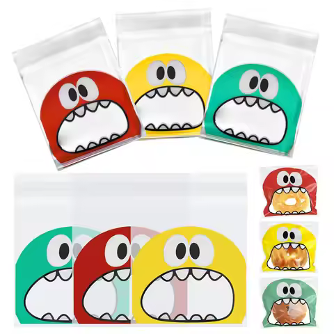 100PCS Cute Cartoon Monster Cookie Candy Self-Adhesive Plastic Bags for Biscuits Snack Baking Packag