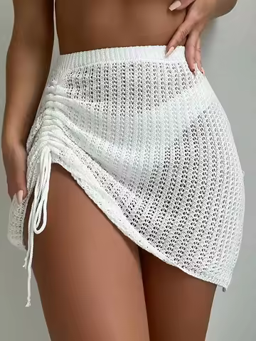 Elegant Drawstring Hollowed out Bikini Short Skirt Fashionable Knit Mini Skirt for Summer Beach Pool