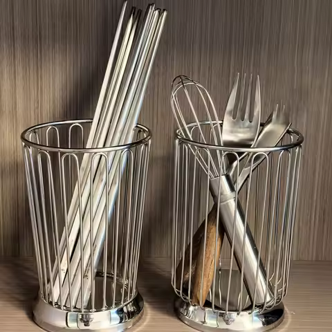 Ins Cylindrical Storage Bin Desktop Spoon Tableware Stainless Steel Drain Bin Stationery Makeup Brus