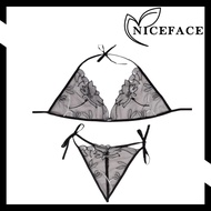 NICEFACE - Women's Sexy Lingerie Transparent Night Bikini Floral Embroidery Bra Strap and Thongs Bik