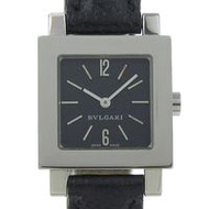 二手BVLGARI Quadrado SQ22SL 女士手錶，採用不銹鋼和皮革製成，配有石英機芯、模擬顯示和黑色錶盤。