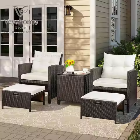 5 Piece PE Rattan Patio Set Small Balcony Lounge Chairs Ottomans Cushions Glass Table Garden, Custom