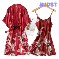 NJDST ชุดเสื้อคลุมยาวกิโมโนผ้าไหมเทียม2ชิ้นสีเบอร์กันดีสำหรับผู้หญิงชุดนอนพิมพ์ลายเซ็กซี่สีเครน Baju Tidur Lingerie เสื้อคลุมอาบน้ำและชุดชุดนอนฤดูร้อน