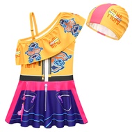 2pcs/set Kids Girls One-Shoulder One-Piece Swimsuit Swim Cap New Summer Childrens One-Piece Skirt Sw