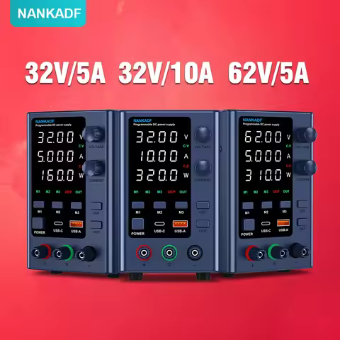 Adjustable switching DC power supply with 4-digit LED display; 5V/3.6A USB/Tape-C fast charging with
