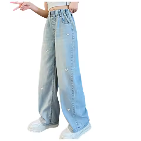 Summer Teen Girls Jeans High Waist Bleached Stretch Denim Pants Wide Leg Cute Heart Love Print Baggy