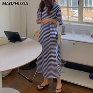 MAOZHUXIA ชุดเดรสสำหรับสตรีแฟชั่นหลวม Slimming 2024ใหม่ห้าจุดแขนเสื้อยืดลายทางชุดยาวชุด（ชุดผ้าไทยสีฟ้า）ชุดเดรส เรียบ หรู ดูแพง เดรสสีฟ้า ชุดไปทะเล